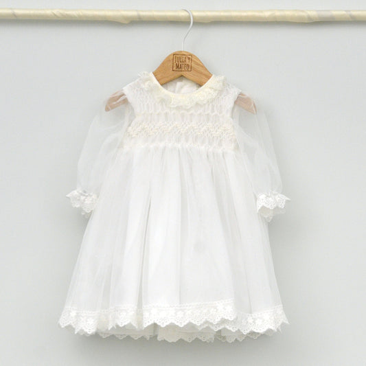 traje bautizo niña artesanal manga larga clasico hecho en españa a mano nido de abeja, vestido bautismo elegante
