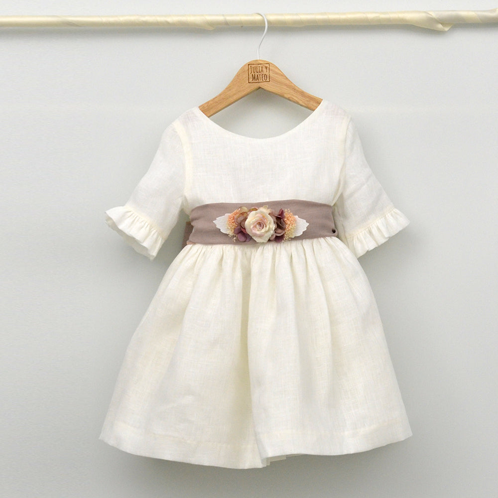 Vestido niña lino Isabel con adorno floral