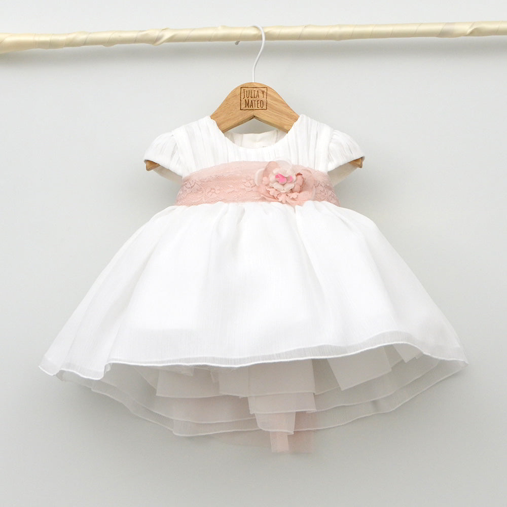 vestido Bautizo niña ceremonia lazo rosa Amaya flor fajin tienda Online ropa  eventos bautizos niña hecha en españa