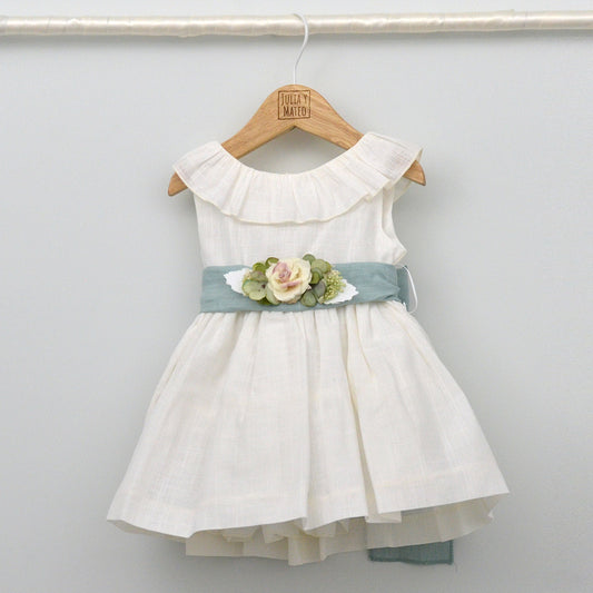 Vestido bebés Emma de Bautizo y Ceremonia con fajín de lino y adorno floral