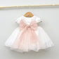 vestido Bautizo niña ceremonia lazo rosa Amaya flor fajin tienda Online ropa eventos bautizos niña hecha en españa