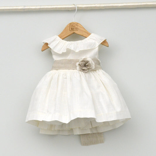 Vestido bebés Emma con fajín de lino y adorno floral