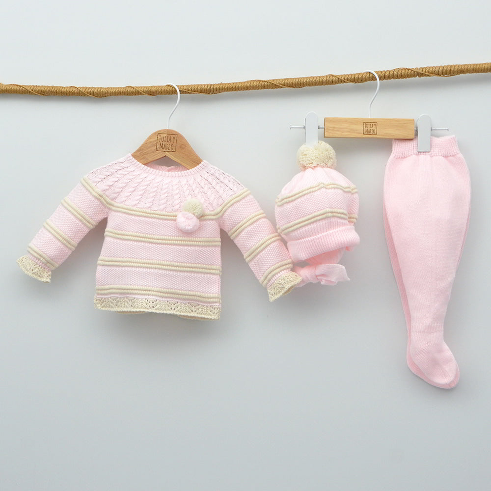 conjunto 3 piezas punto niñas invierno clasico rosa canastillas hechas en españa trajes para salir del hospital primeras puestas regalos recien nacidos