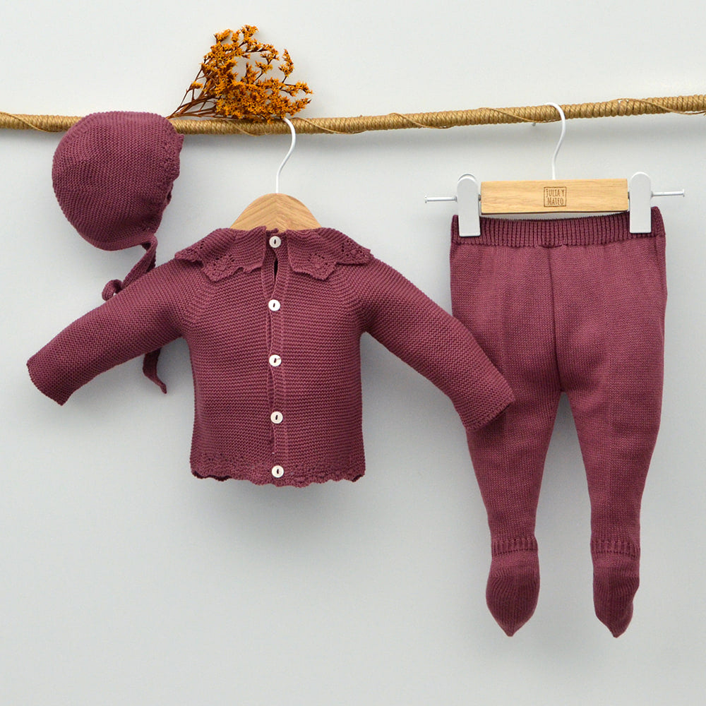conjunto punto vestir niñas traje 3 piezas jubon polaina jersey capota burdeos doña carmen hecho en españa