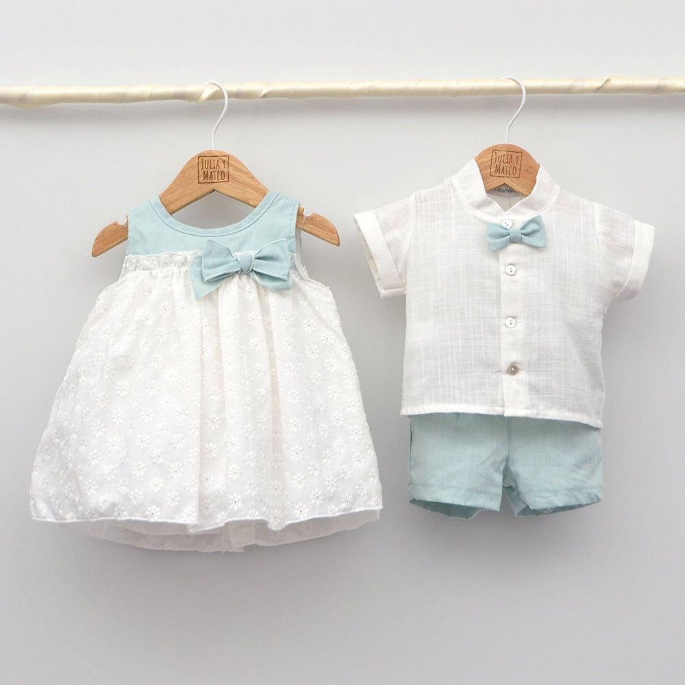 vestido vestir niña hermanos conjuntados ceremonia elegantes lazo pajarita verde agua Mayoral Amaya
