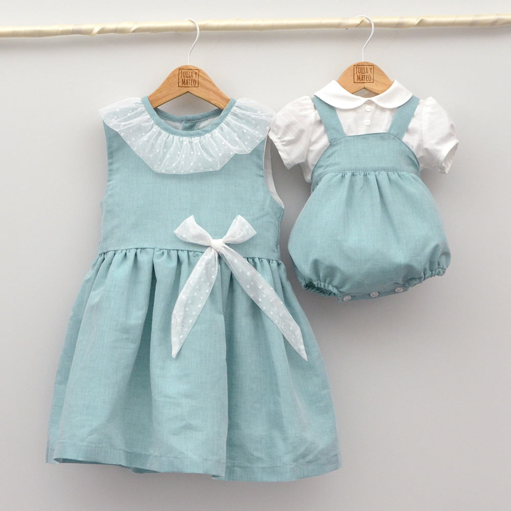 conjunto vestir ceremonia bebes niños lino verde empolvado vestir hermanos iguales