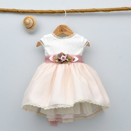 vestidos de ceremonia con fajin y flores en color rosa para niñas Bautizo, bautismo, bodas, eventos, arras bebes