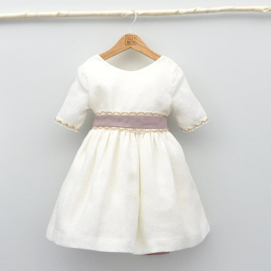 vestido de ceremonia niñas con fajin, lazo y flores hecho en españa, manga , bodas primavera verano, arras, pajes