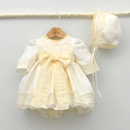 vestido bautizo niña con fajin lazo lino algodon elegante y sencillo