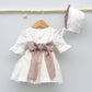 Vestido bautizo y ceremonia bebes niñas con lazo rosa y flores, manga tres cuartos